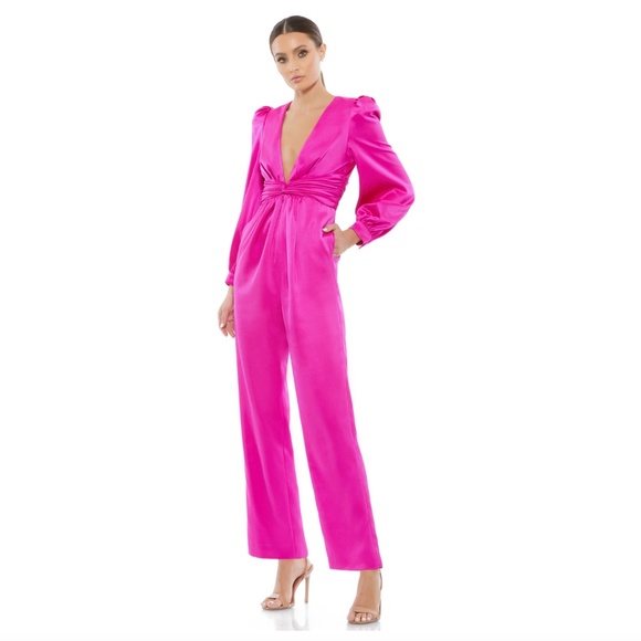 Mac Duggal Pants - MAC DUGGAL Plunge Neck Long Sleeve Satin Jumpsuit in Fuchsia Size US 6